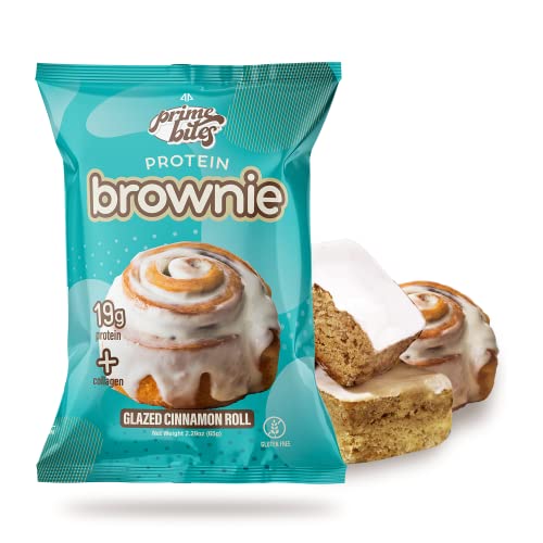 Prime Bites Protein Brownie from Alpha Prime Supplements, 16-17g Protein, 5g Collagen, Delicious Guilt-Free Snack,12 bars per box (Glazed Cinnamon Roll)